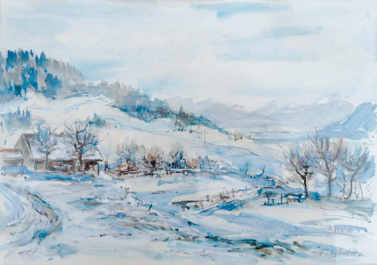 Winterlandschaft in der Seeshaupter Umgebung (nicht datiert), Aquarell