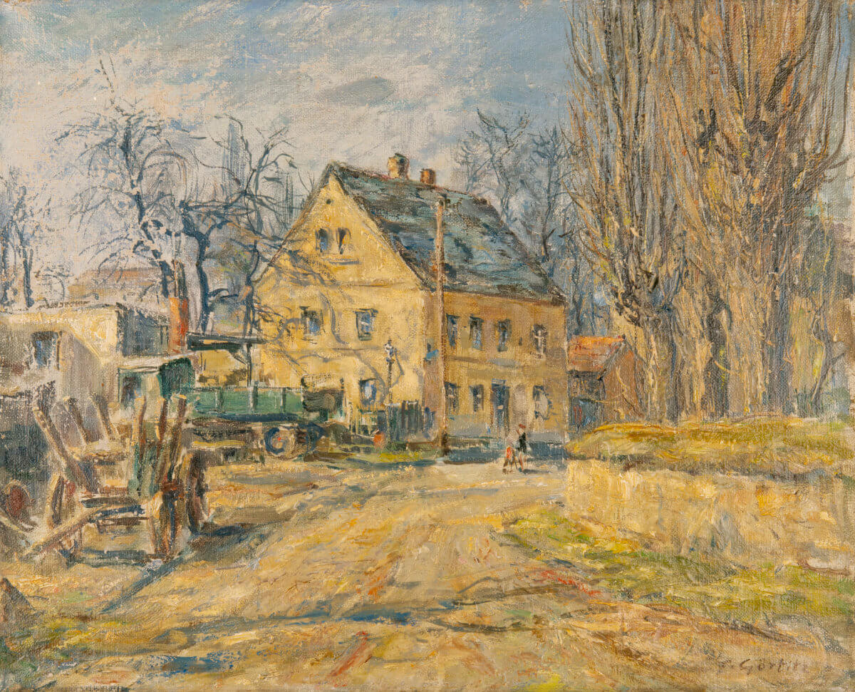 Dorfstraße Alt-Dösen bei Leipzig (nicht datiert), Öl/Lwd.