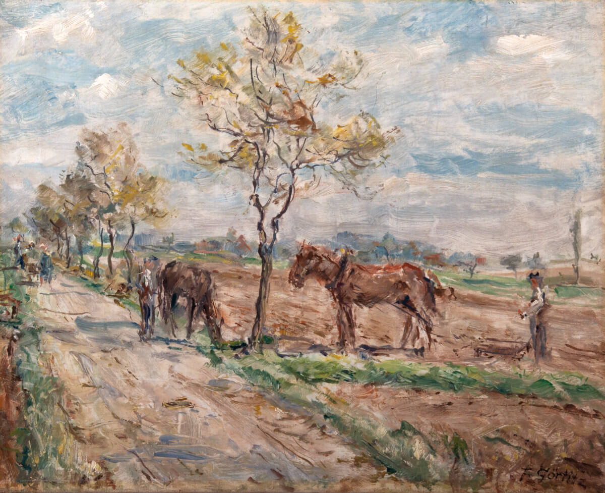 Feldarbeit mit Pferden (nicht datiert), Öl/Lwd.