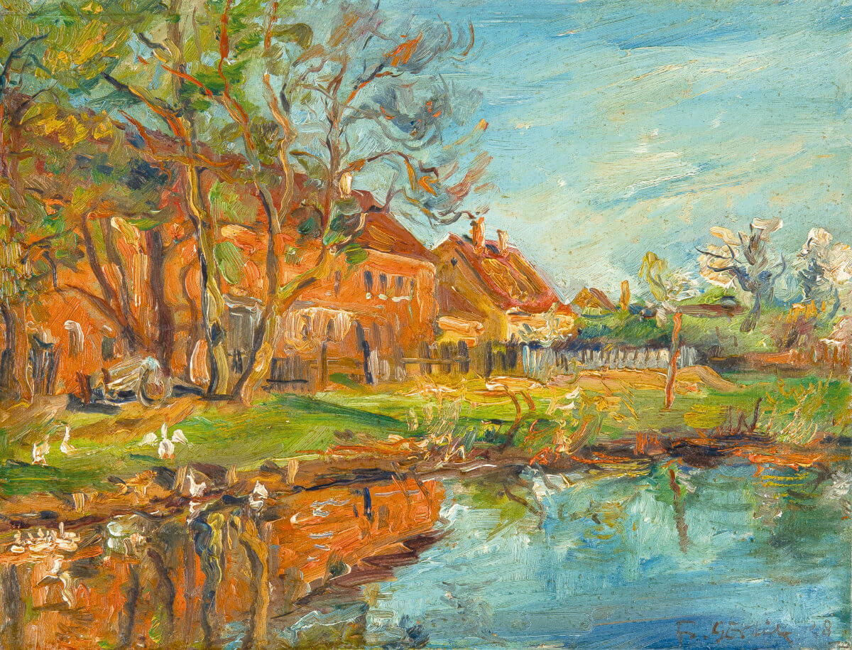 Häuser am Weiher (1928), Öl/Malkarton