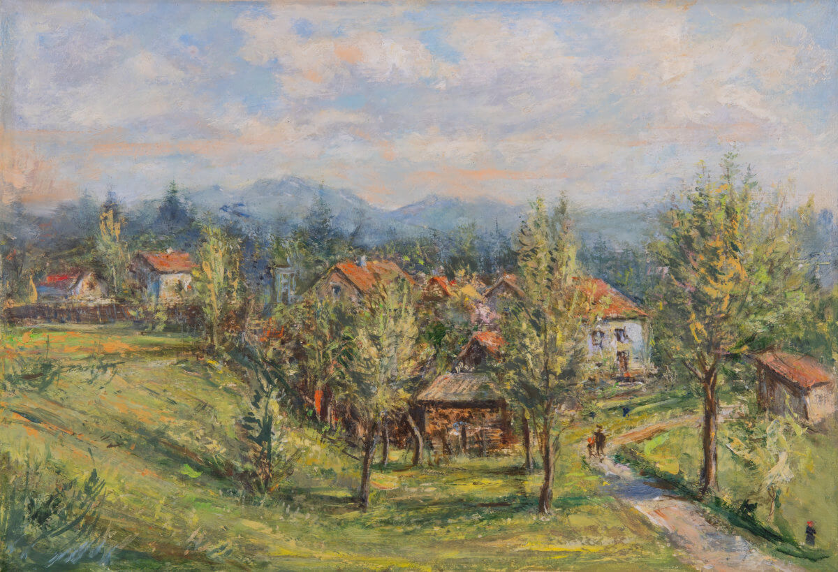 Iffeldorf mit Benediktenwand (1946), Öl/Malkarton