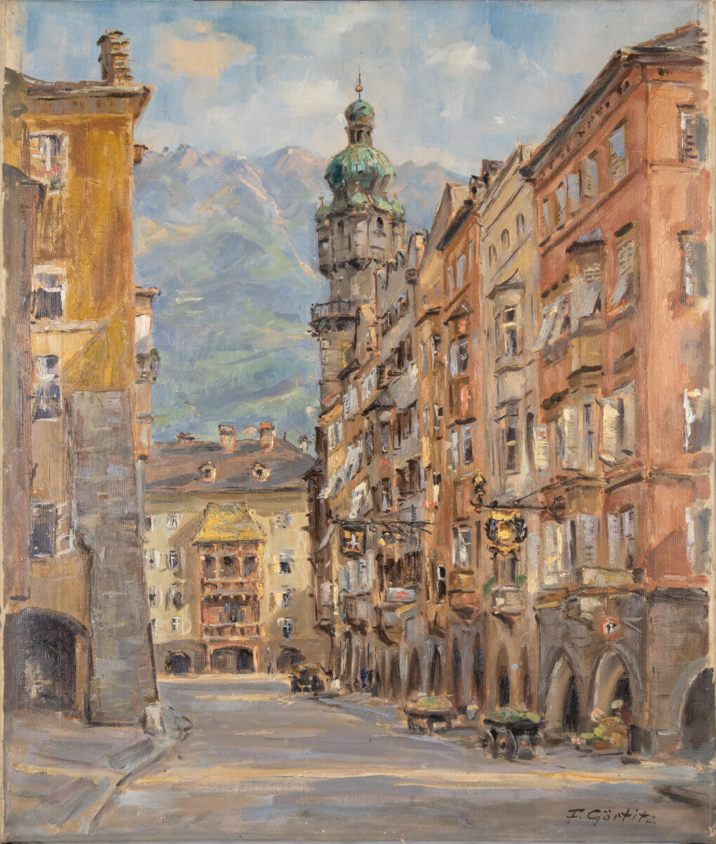 Innsbruck, Herzog-Friedrich-Straße mit goldenem Dachl (um 1930), Öl/Lwd.