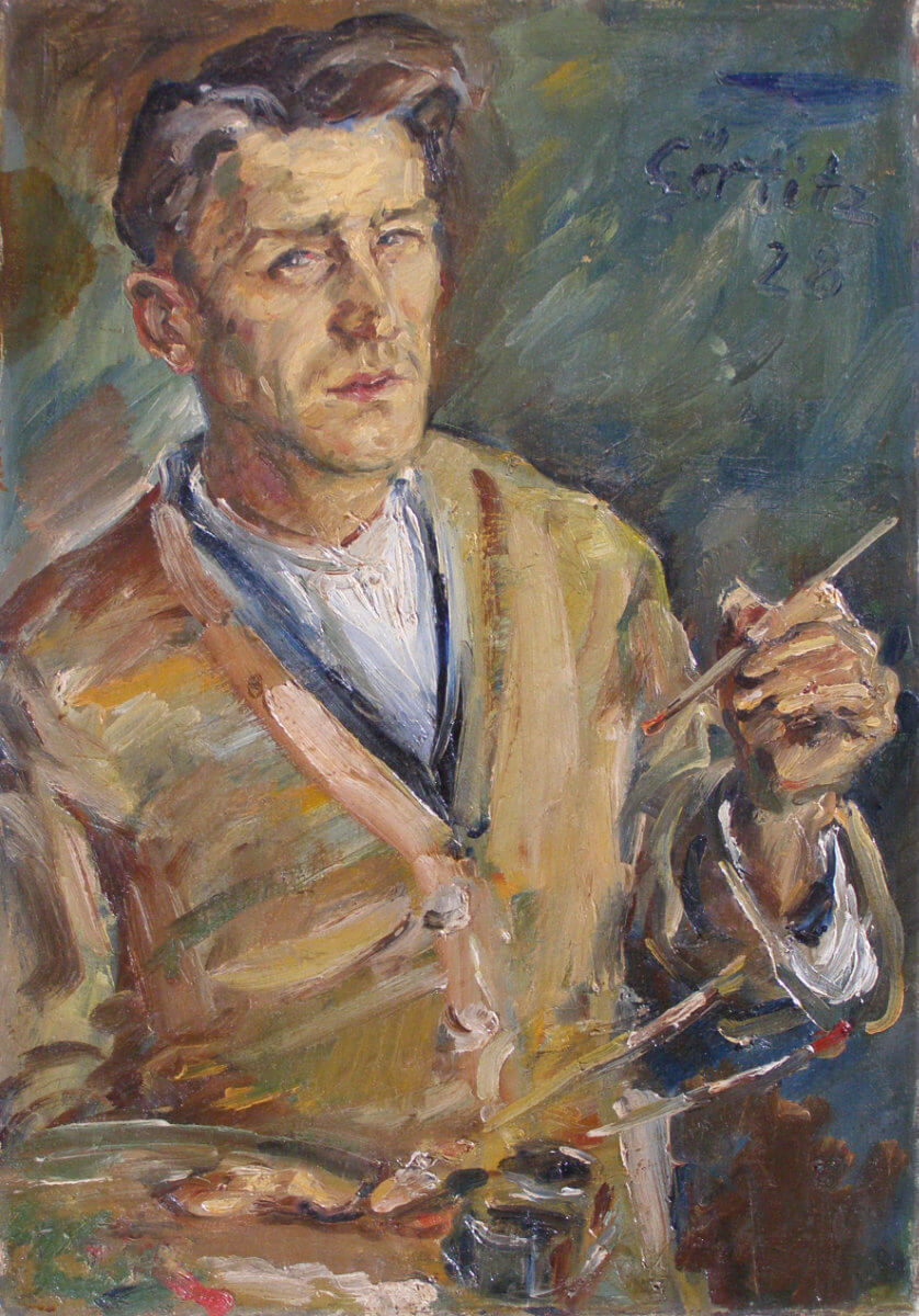 Selbstportrait mit Palette (1928), Öl/Lwd.