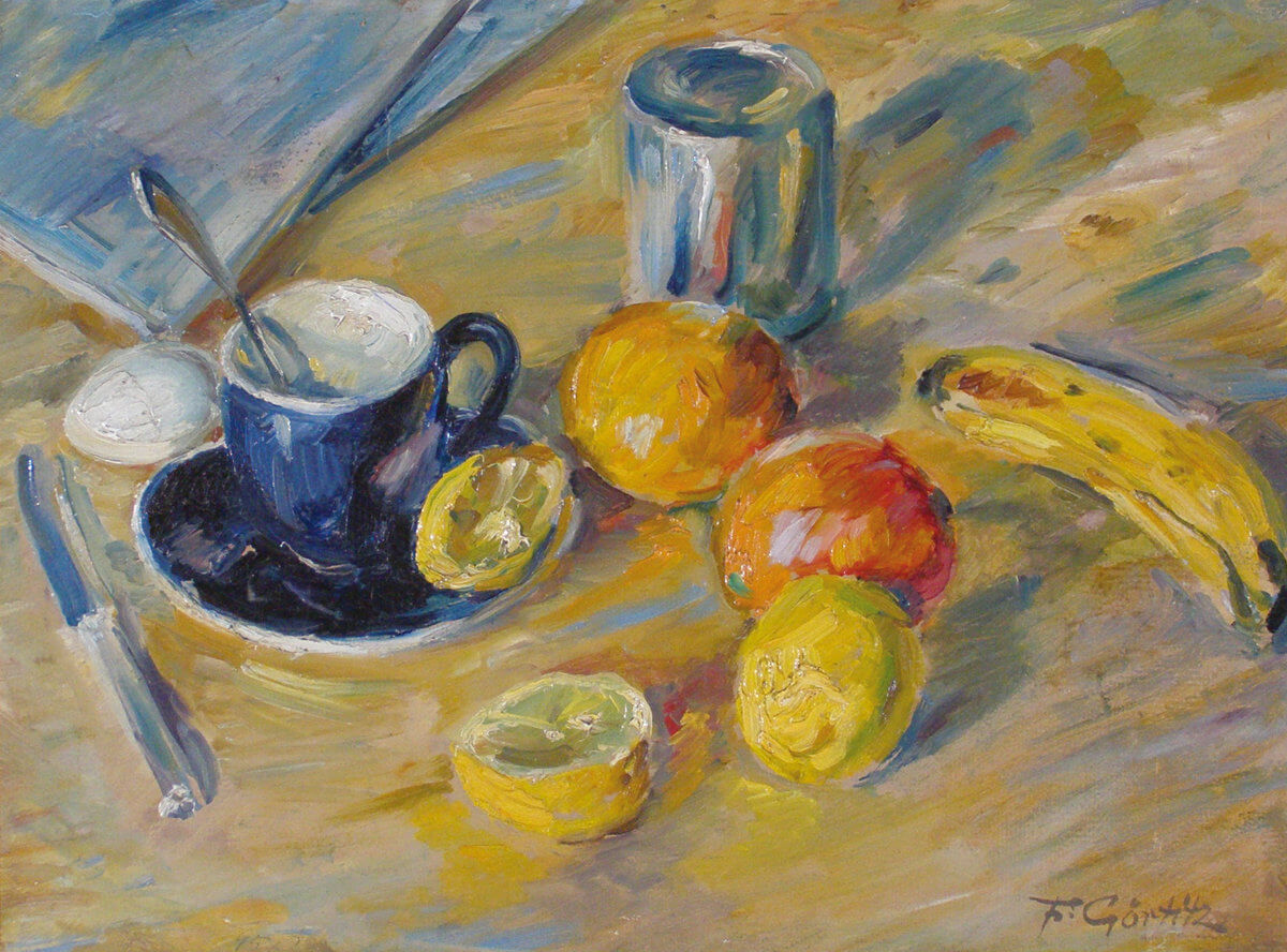 Stilleben mit blauer Tasse (nicht datiert), Öl/Malkarton