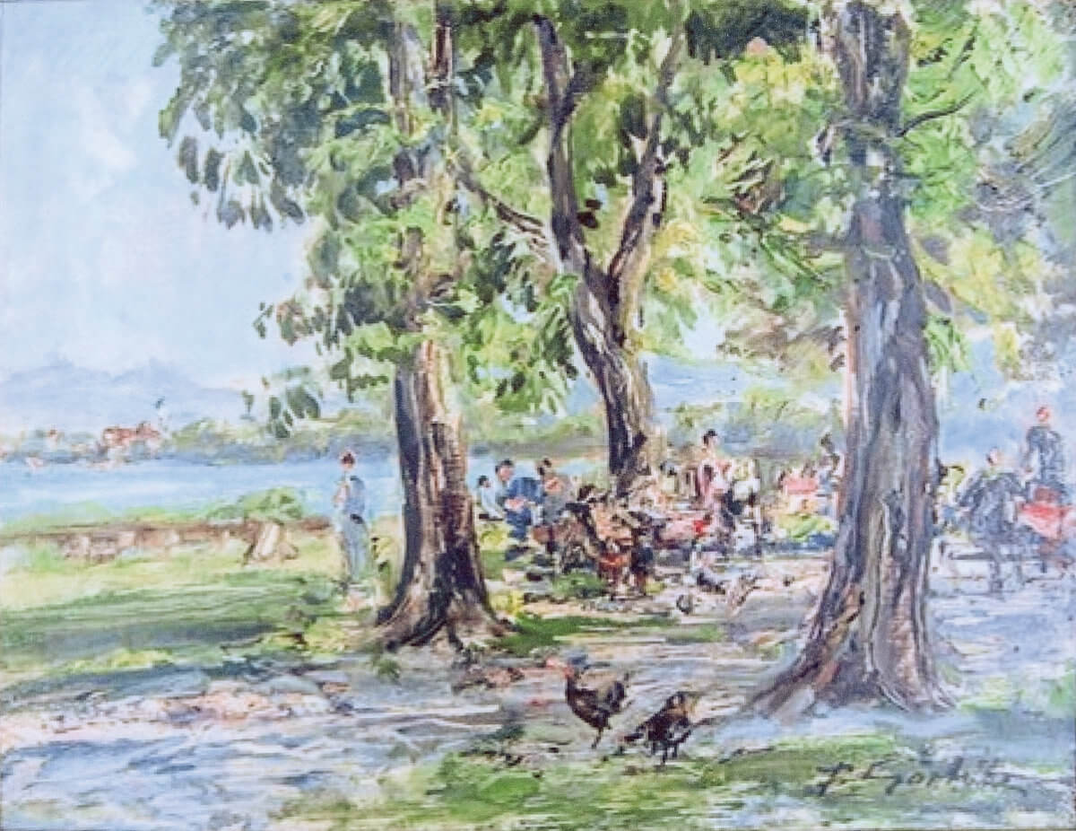 Gasthaus am Starnberger See (um 1950), Öl/Malkarton