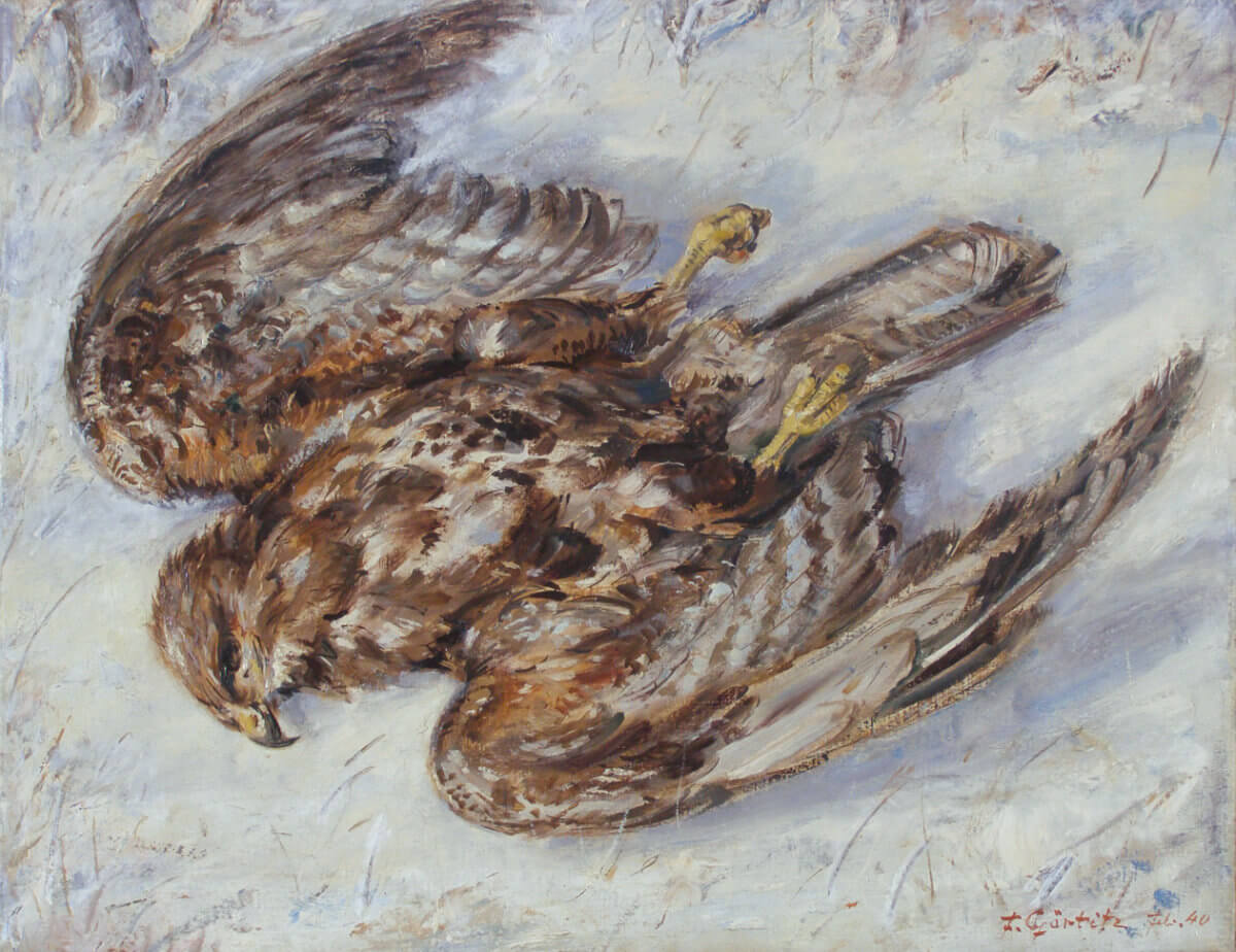 Toter Bussard im Schnee (1940), Öl/Lwd.