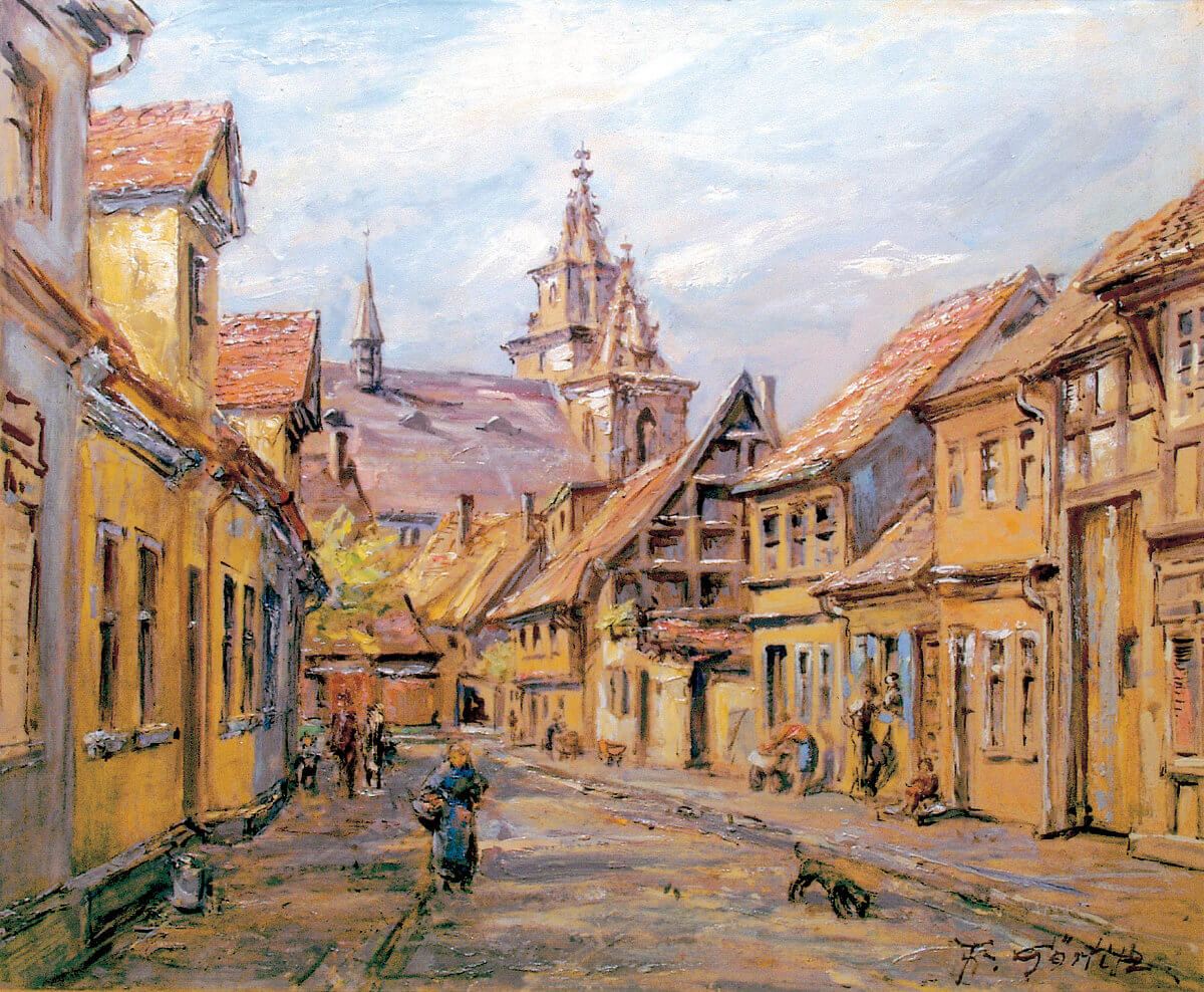 Die Töpfergasse in Zerbst (um 1942), Öl/Malkarton