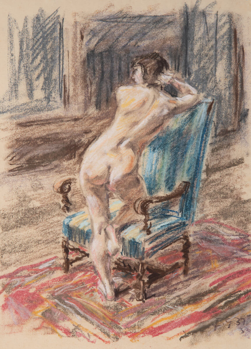 Weiblicher Akt, auf Sessel knieend (1937), Pastell