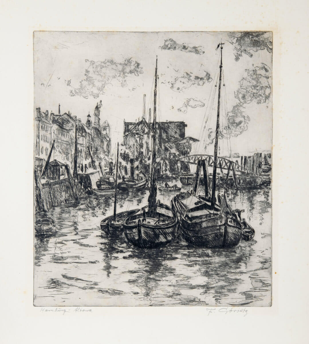 Hamburg, Altona II, Hafen mit Fischkuttern (1925), Royal, Kaltnadel auf Zink