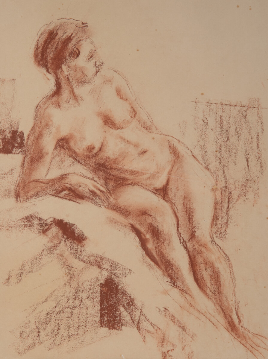 Weiblicher Akt, einen Arm aufgestützt, Rötel