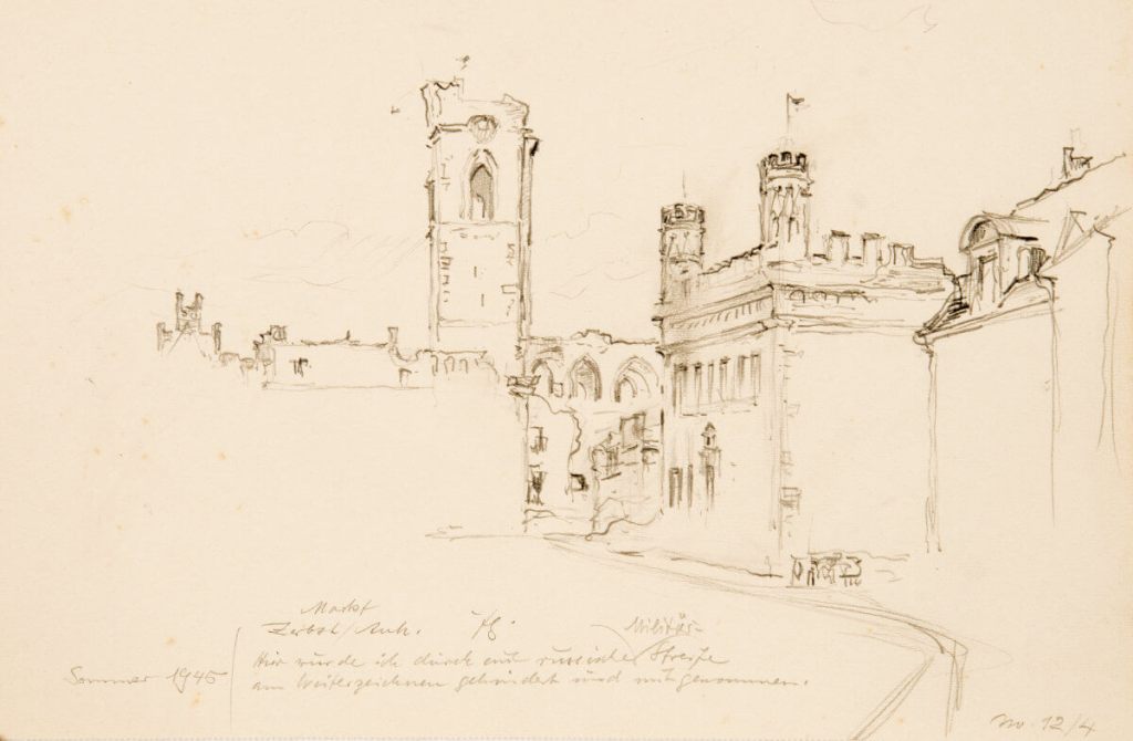 Zeichnung des zerbombten Zerbster Markts, 1945